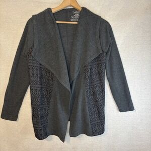 LL Bean‎ Womens Open Waterfall Cardigan Small Pockets Hooded Fair Isle Gray Cozy